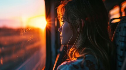 Obraz premium Beautiful young woman watching the sunset from the bus window.
