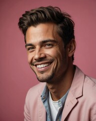 pink background studio portrait of smiling handsome guy model with clear smooth skin and white teeth