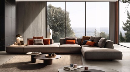 Spacious and modern living room with large sectional sofa and panoramic window overlooking lush greenery and a cozy interior design.