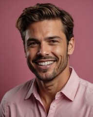 pink background studio portrait of smiling handsome guy model with clear smooth skin and white teeth