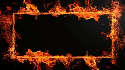 Square frame on fire, copy space for text, black background.