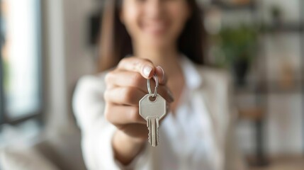 Hand holding the key, a happy woman showing the key to her new apartment, or a female realtor selling the apartment and handing over the key, Focus on giving or showing off the key.