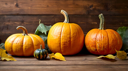 A colorful display of pumpkins, pumpkins and leaves sitting in a row on wooden background