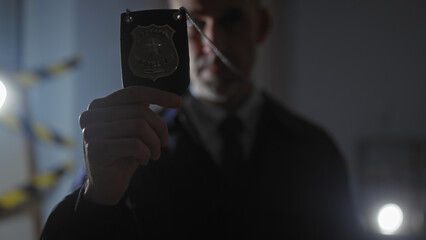 A focused man showing a badge in a dimly lit crime scene with evidence markers