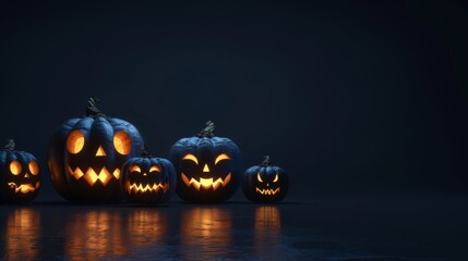 Halloween pumpkins lined up on a black background with copy space to the left and right