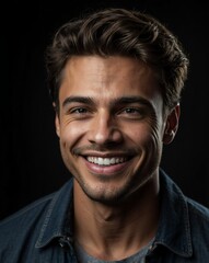 Fototapeta premium black background studio portrait of smiling handsome guy model with clear smooth skin and white teeth