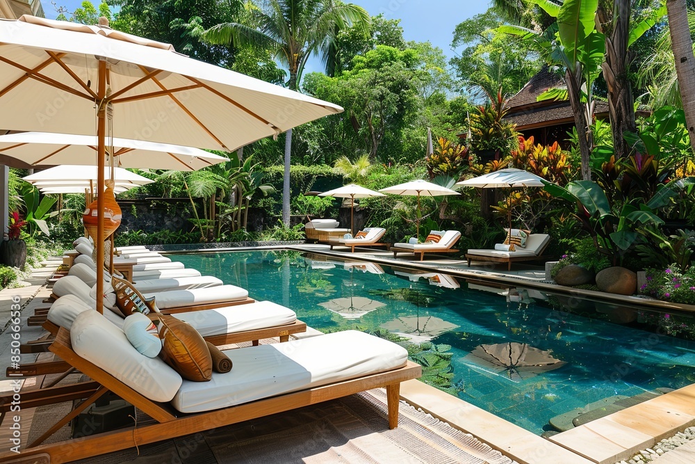 Canvas Prints Luxury Poolside with Sunbeds and Large White Umbrellas: A high-end tropical poolside scene showcasing