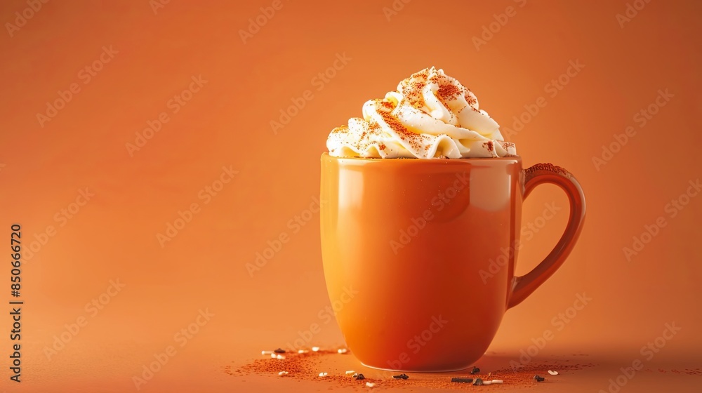 Sticker Pumpkin Hot Chocolate: A creamy pumpkin hot chocolate in a festive mug, topped with whipped cream