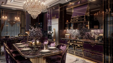 Fototapeta premium The Hollywood Regency bedroom features stylish furniture, plush textured fabrics, and deep purple colors for a chic and elegant atmosphere.