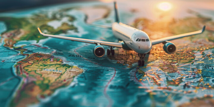 Toy airplane placed on a world map with a sunrise, representing travel, adventure, and global exploration.
