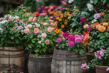 Obraz premium Colorful Flowers Blooming in Wooden Barrels