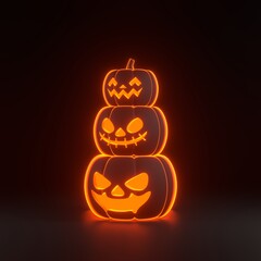 Jack-o-Lantern pumpkins with bright glowing futuristic orange neon lights on black background. Happy Halloween concept. Traditional october holiday. 3D render illustration