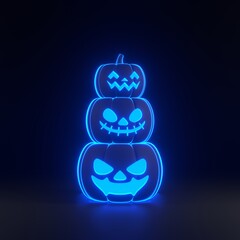 Jack-o-Lantern pumpkins with bright glowing futuristic blue neon lights on black background. Happy Halloween concept. Traditional october holiday. 3D render illustration