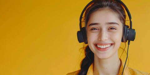 Smiling Young Female Customer Service Representative in Call Center Using CRM Software with Headset and Microphone, Providing Excellent Client Support and Telemarketing Services, High-Resolution AI-Ge