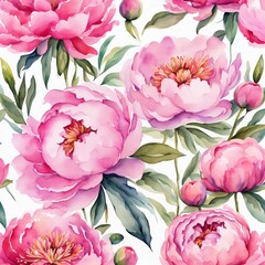 Floral watercolor painting with pink peonies and green leaves. Generated by AI
