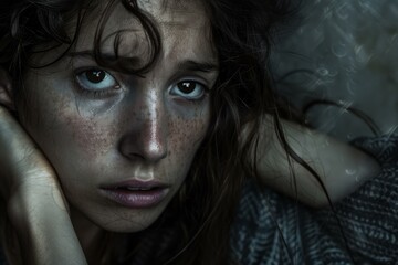 Fototapeta premium Closeup of a troubled young female with tearful eyes conveying deep emotion