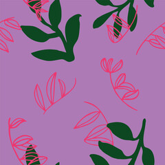 Seamless repeat pattern with green and pink leaves. Vector illustration. No AI generated content in this pattern.