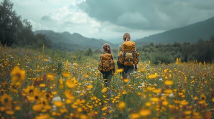 Obraz premium Family Hiking with Backpacks Through Meadow of Wildflowers in Mountain Landscape