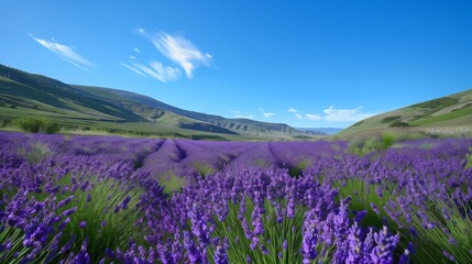 Fototapeta premium /imagine A picturesque valley filled with lavender fields in full bloom, the vibrant purple flowers stretching to the horizon under a cloudless, blue sky.