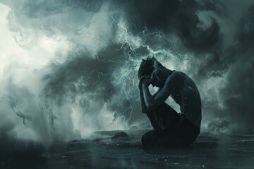 Obraz premium Finding inner peace through solitude amidst the dramatic storm, contemplating the powerful lightning and brooding sky in the darkness