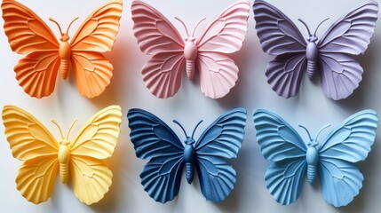 Fototapeta premium Colorful Plasticine Butterflies in Various Hues on White Background