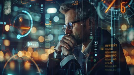 Thoughtful businessman analyzing data on futuristic digital screen, reflecting on technological advancements.
