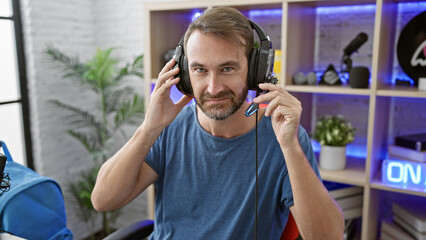 A bearded man adjusting headphones in a modern gaming room with led lighting at night.