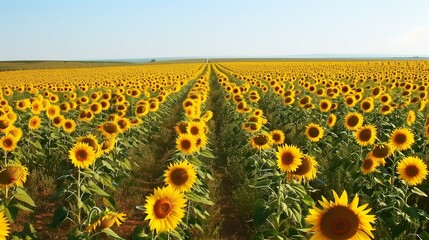 /imagine A sweeping view of a vast sunflower field in full bloom, with golden petals stretching towards the horizon under a clear, azure sky. The uniformity and brightness of the