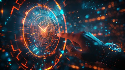 Close-up of a hand interacting with a futuristic digital interface, showcasing holographic elements and neon lighting.
