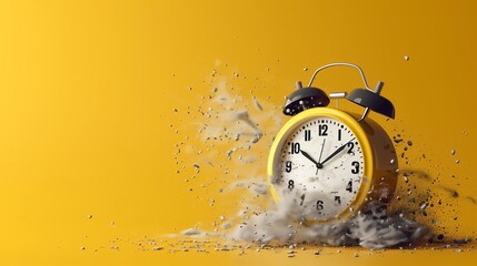 Exploding yellow alarm clock against a vibrant yellow background, capturing the essence of time and destruction.