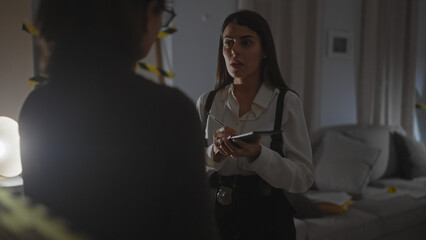 Two women detectives investigating a dimly lit indoor crime scene with one taking notes and police badge visible.