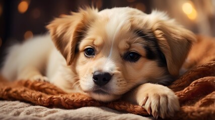 close-shot of a puppy curled up on a warm blanket. Background with pet portraits for prints, banners, and posters.