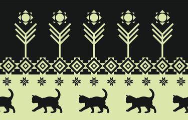 Cat pattern. Seamless. White stripes, colorful background. Ethnicity. Floral patterns, printed fabrics, pants, Lanna.