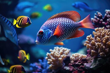 Fish over a coral reef in the sea.