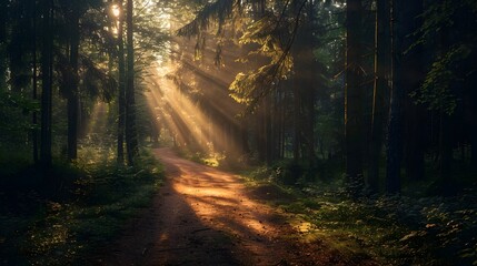 Fototapeta premium Sunlight Beams Through Misty Forest Path