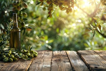 Empty wooden table with olives and a bottle of olive oil. Natural podium, background suitable for products presentation