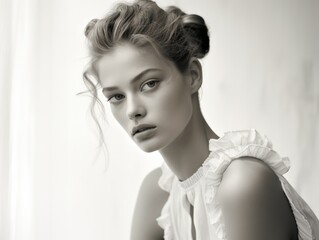 Black and white portrait of a young woman with a sophisticated expression, ideal for fashion, editorial, and beauty promotions."