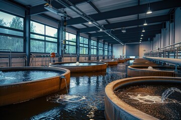 Obraz premium Modern wastewater treatment plant of chemical factory. Water purification tanks