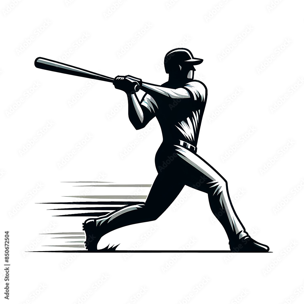 Wall mural isolated black and white vector illustration of a male baseball player swinging a baseball bat on a 