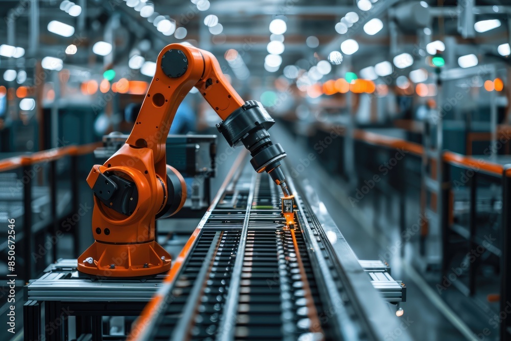 Fototapete Robotic arm for electronic assembly line. Smart modern factory automation using advanced machines.