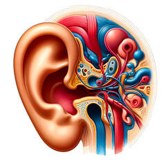 Vector illustration showing cross section of human ear anatomy connected to nervous system on white background.
