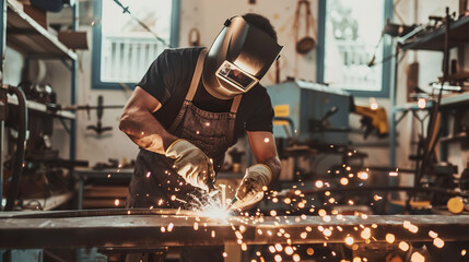 Male Welder in Protective Gear Working with Sparks in Workshop