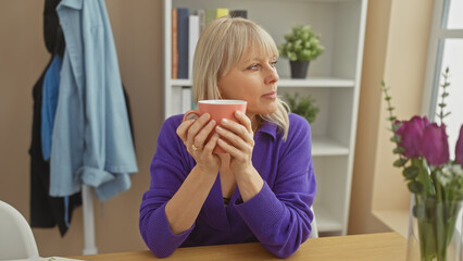 A contemplative blonde woman enjoys a warm drink in a modern living room setting.