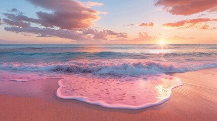 Fototapeta premium Soft Pink Waves Breaking Along the Coastline. Pink Beach Background