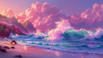 Fototapeta premium Soft Pink Waves Breaking Along the Coastline. Pink Beach Background