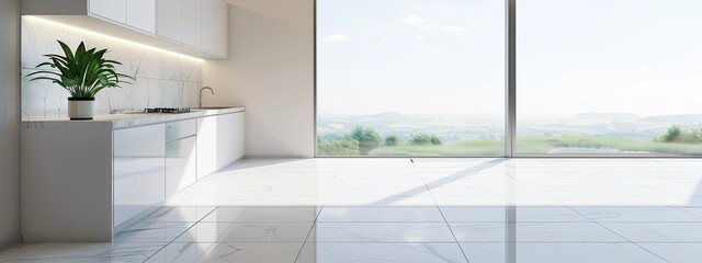 Fototapeta premium kitchen Minimal style modern interior render tile floor white counter cabinet with white marble top window overlooking nature view