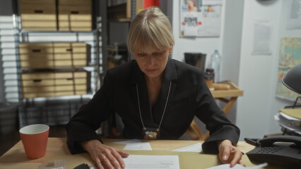 A focused woman detective examines documents in a cluttered police station office, embodying law,...