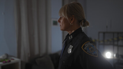 Focused police officer in uniform investigating an indoor crime scene in a dimly lit room.