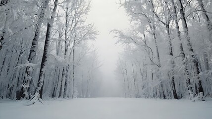 Fototapeta premium Fantasy illustration of forest with trees covered in white snow, white wallpaper background