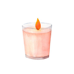 Wax or paraffin pink candle in glass. Watercolor illustration for festive occasion or spa theme. Hand drawn clipart for postcard, printing , candlemakers.